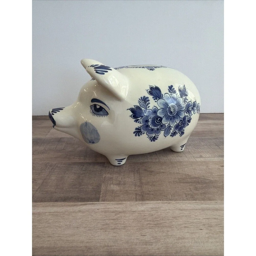 Delft Blue Holland Floral With Stopper Hand Painted Piggy / Coin Bank